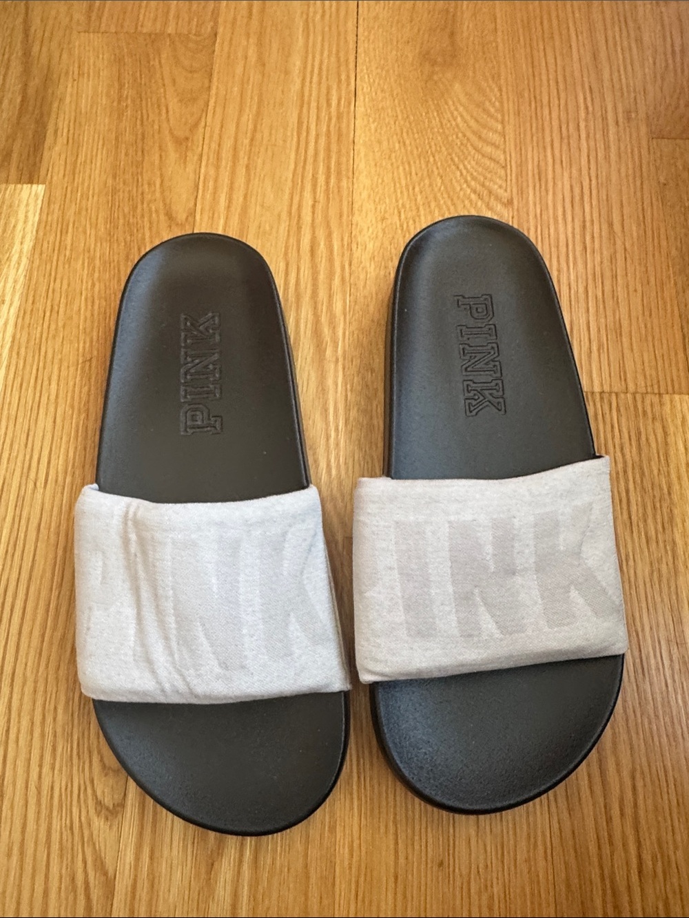 PINK Victoria's Secret Black Slide Sandals with Light Gray Straps